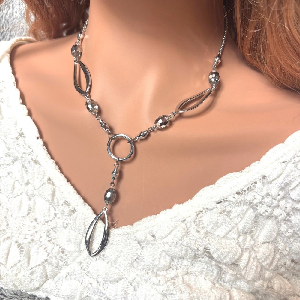 Lia Sophia Statement Necklace Silver Tone Beaded Drop Y-Neck Festival Boho 21782